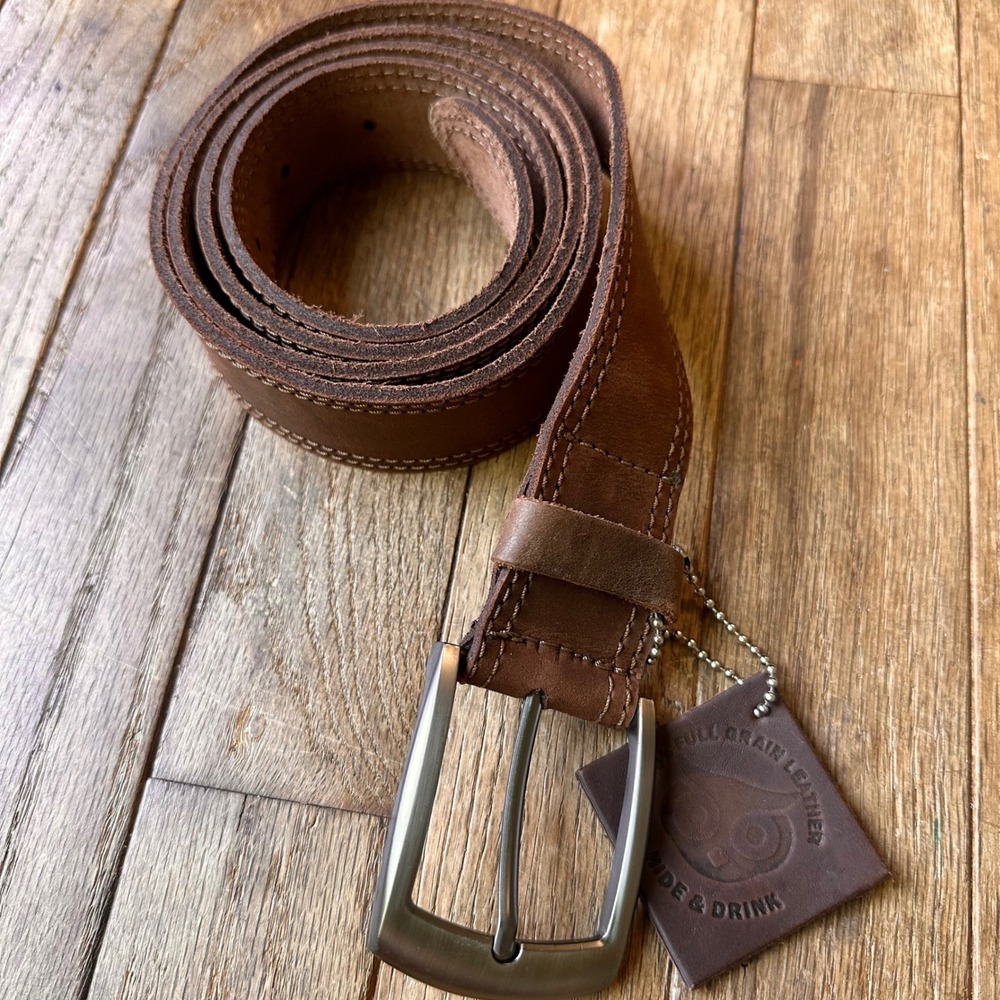 Hide & Drink Leather Belt Mens 42‎ Full Grain Stitched Brown Modern Casual